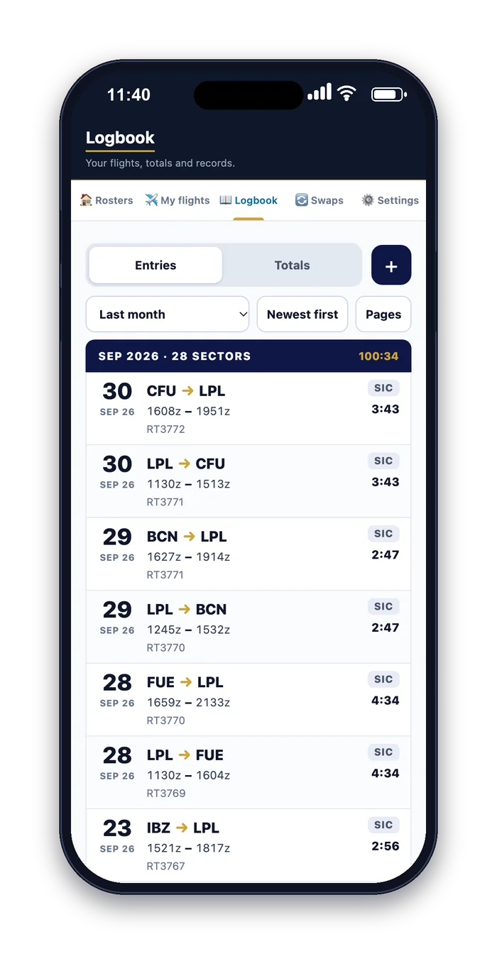 Logbook entries, one compact row per flight with route, times, flight time and aircraft