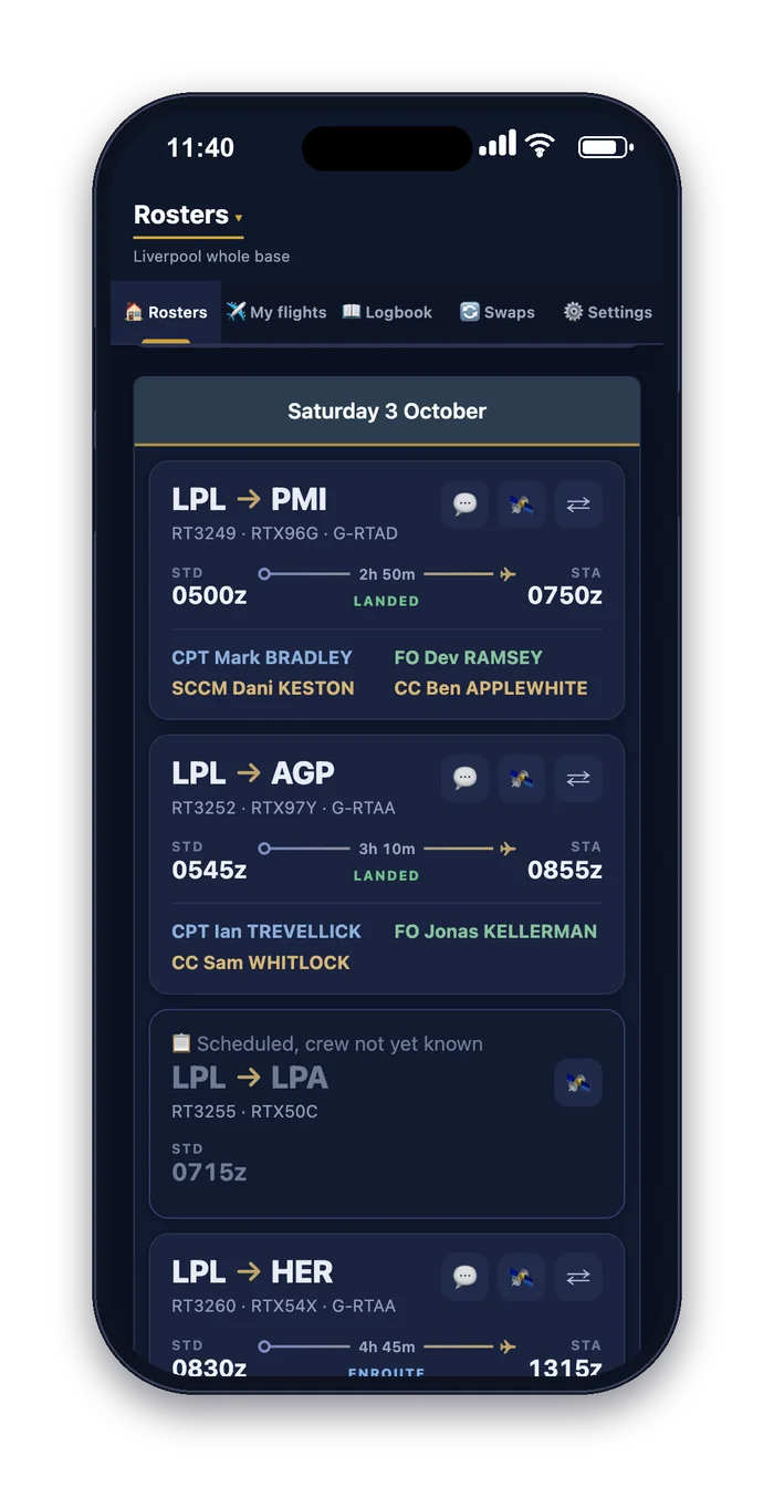 Crew Roster Share in dark mode, showing the day's flights at a base