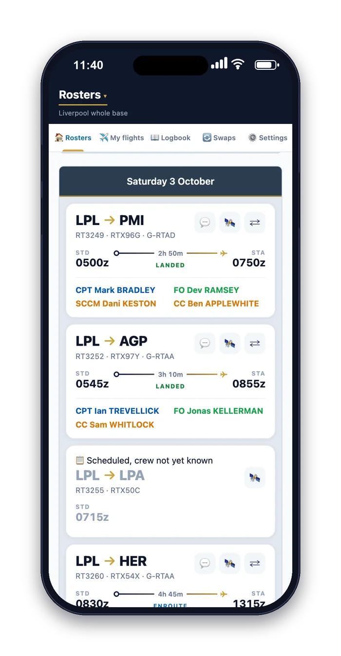 Crew Roster Share showing the base's flights with the crew who have joined on each one