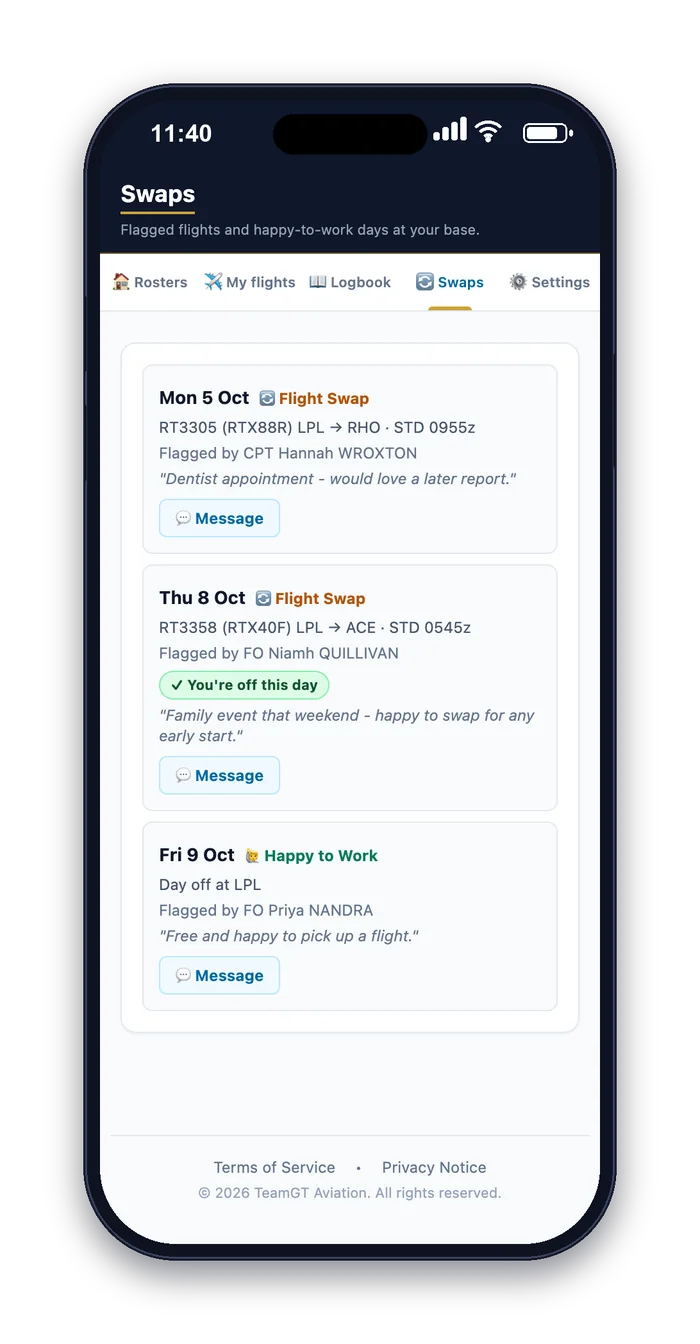 The swap board listing flagged flights and happy-to-work days