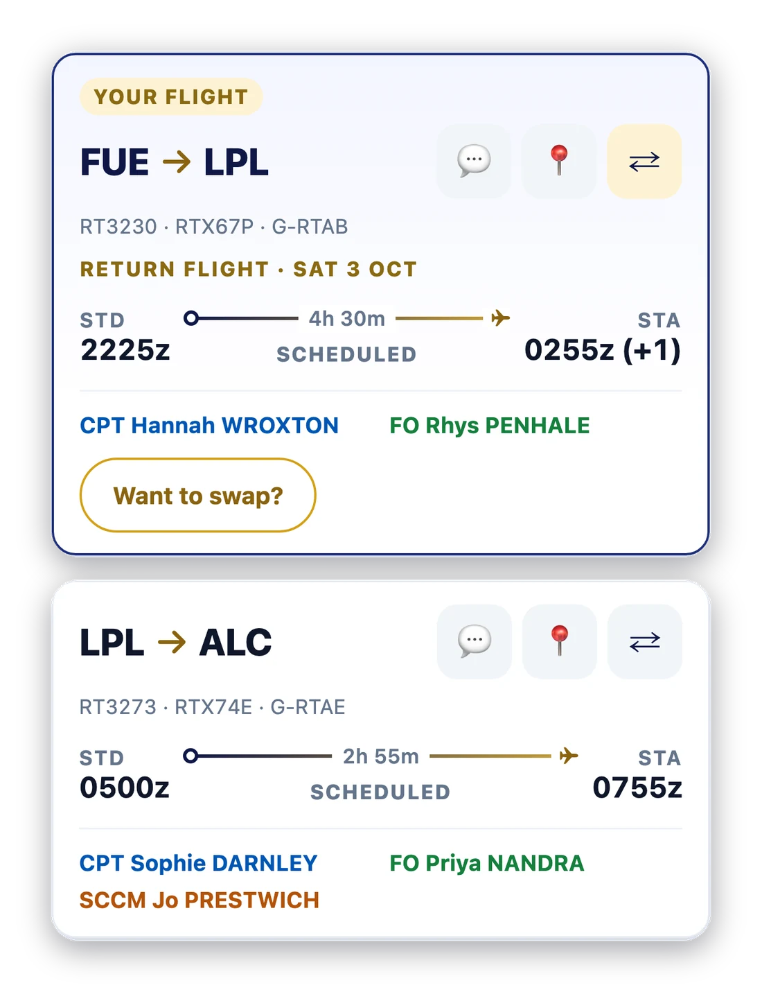 Two flight tiles close up: route, flight number, callsign, aircraft, times, crew, and message, track and flip buttons, with one tile flipped to its return flight