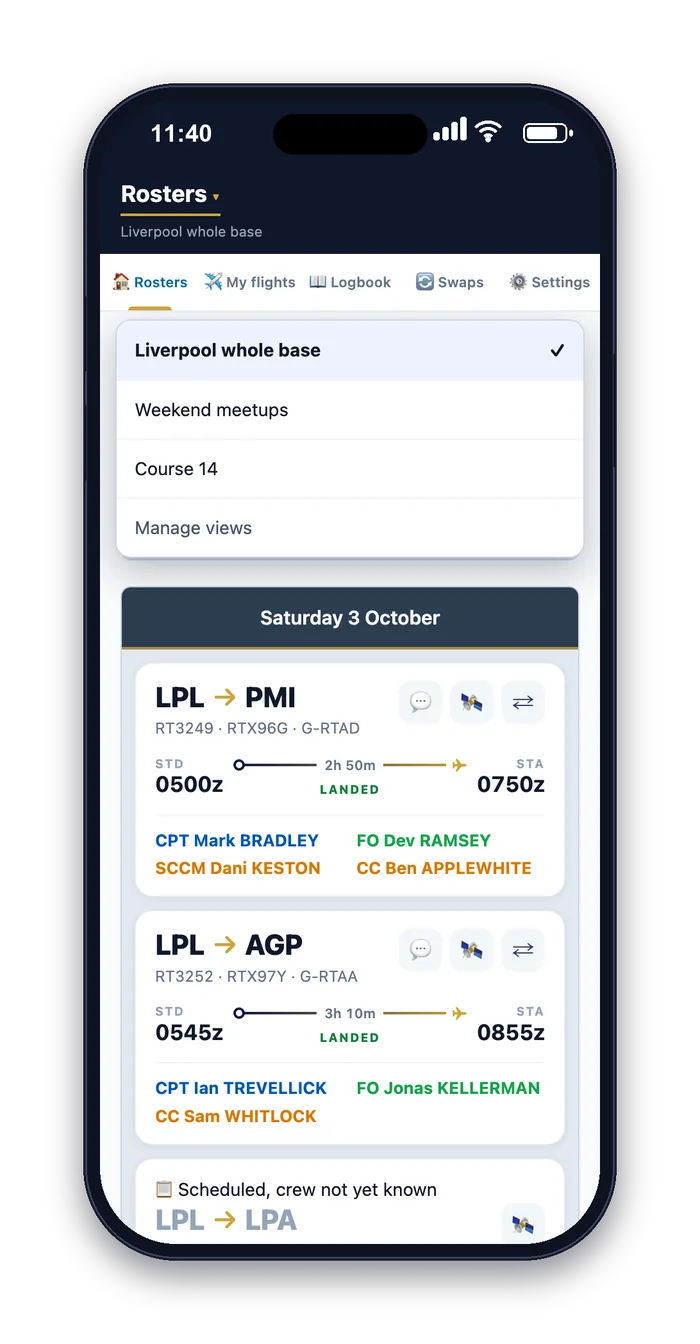 The view picker listing the base roster and custom lists